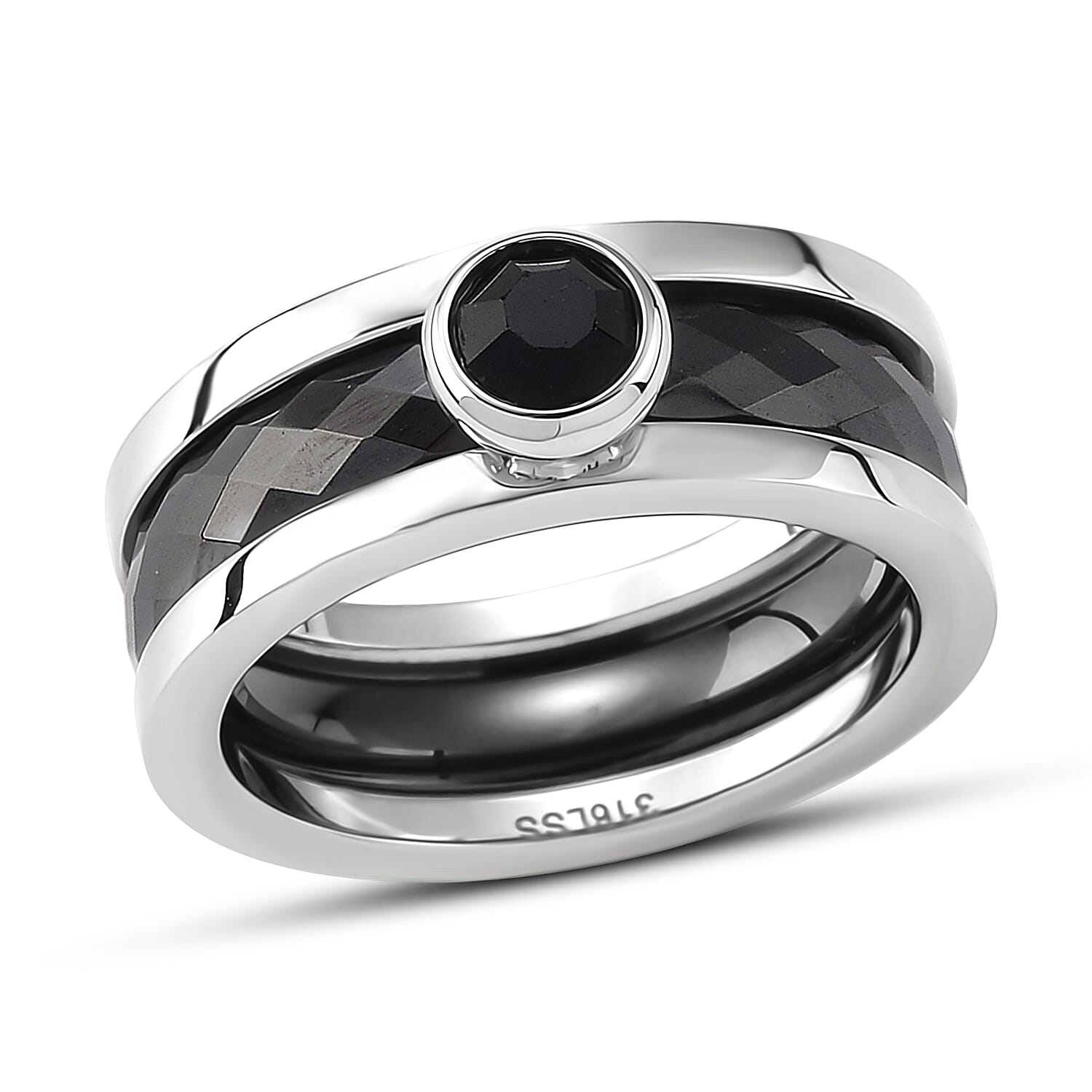 Black and White Ceramic, Black Austrian Crystal Set of 3 Stack Ring in Stainless Steel (Size 6.0)