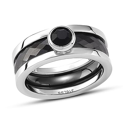 Black and White Ceramic, Black Austrian Crystal Set of 3 Stack Ring in Stainless Steel (Size 6.0)
