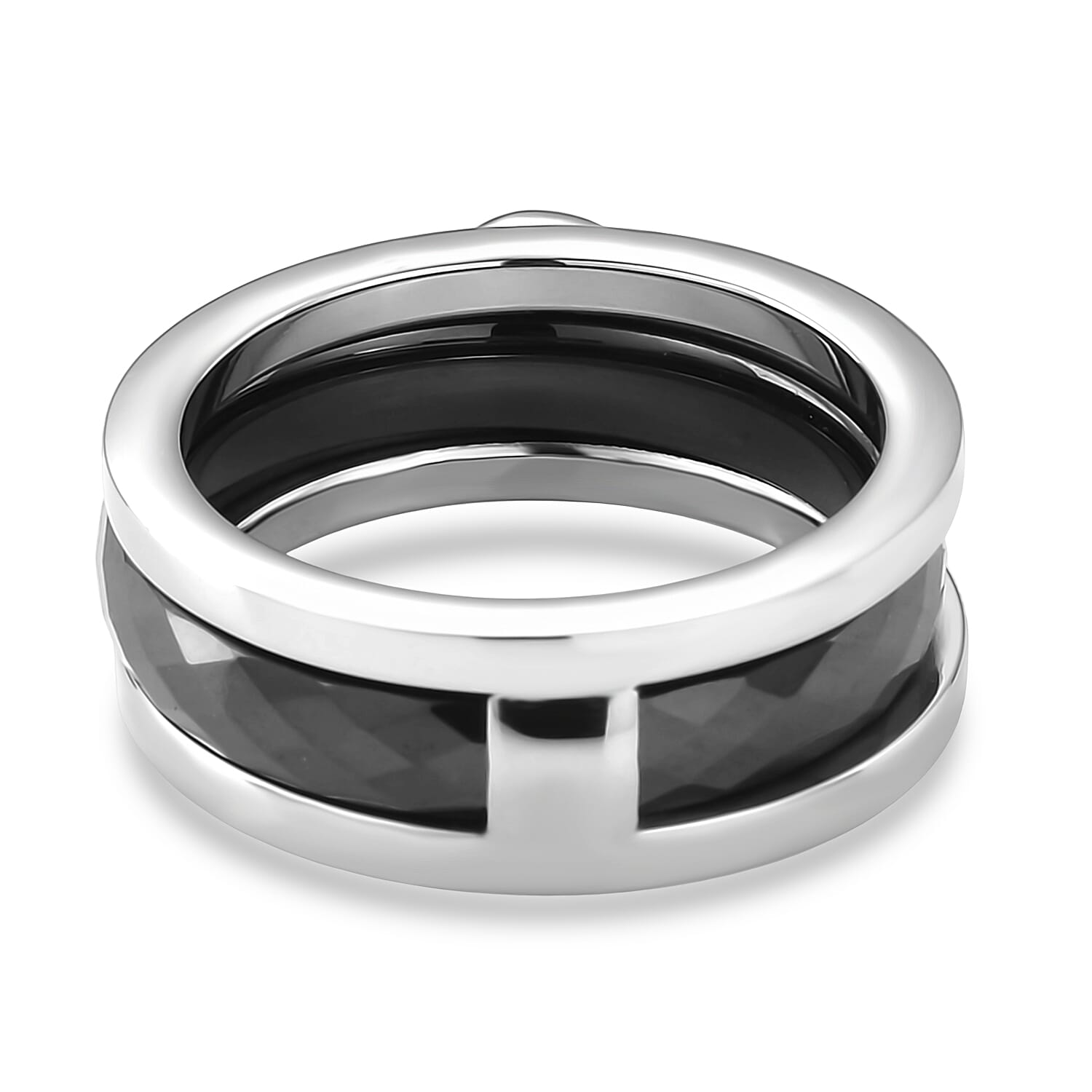 Black and White Ceramic, Black Austrian Crystal Set of 3 Stack Ring in Stainless Steel (Size 6.0)