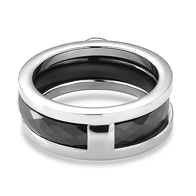 Black and White Ceramic, Black Austrian Crystal Set of 3 Stack Ring in Stainless Steel (Size 6.0)