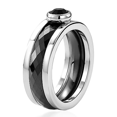 Black and White Ceramic, Black Austrian Crystal Set of 3 Stack Ring in Stainless Steel (Size 6.0)