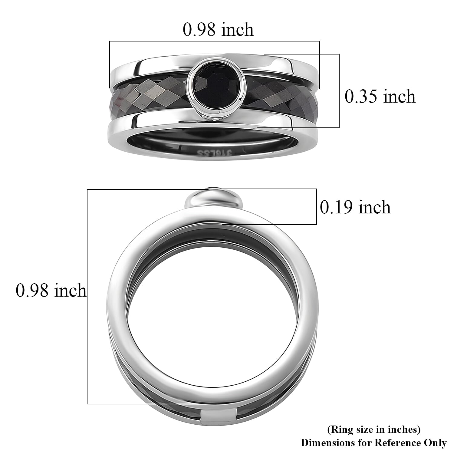 Black and White Ceramic, Black Austrian Crystal Set of 3 Stack Ring in Stainless Steel (Size 6.0)