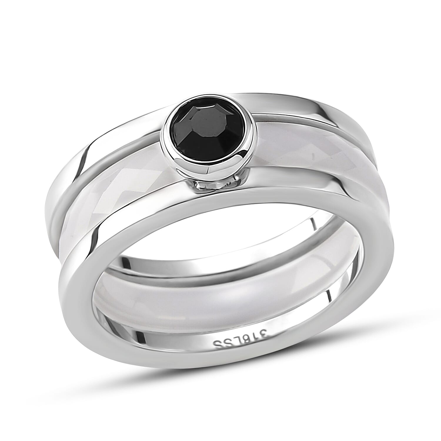 Black and White Ceramic, Black Austrian Crystal Set of 3 Stack Ring in Stainless Steel (Size 6.0)