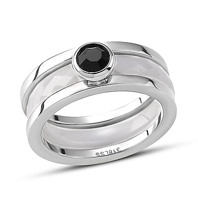 Black and White Ceramic, Black Austrian Crystal Set of 3 Stack Ring in Stainless Steel (Size 6.0)