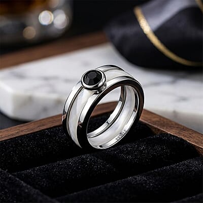Black and White Ceramic, Black Austrian Crystal Set of 3 Stack Ring in Stainless Steel (Size 6.0)