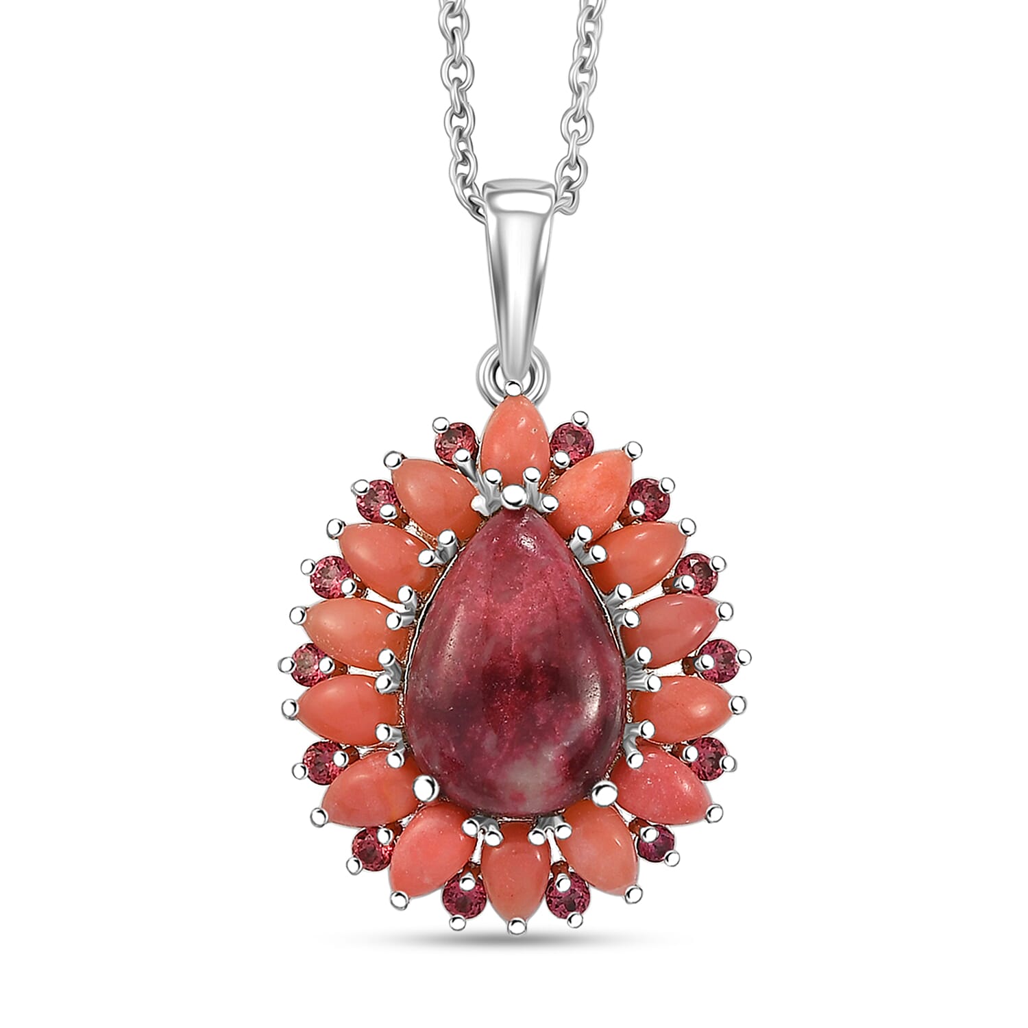 EverTrue Premium Norwegian Thulite and Multi Gemstone 10.10 ctw Blooming Dewdrop Halo Pendant in Platinum Bond with Stainless Steel Necklace 20 Inches