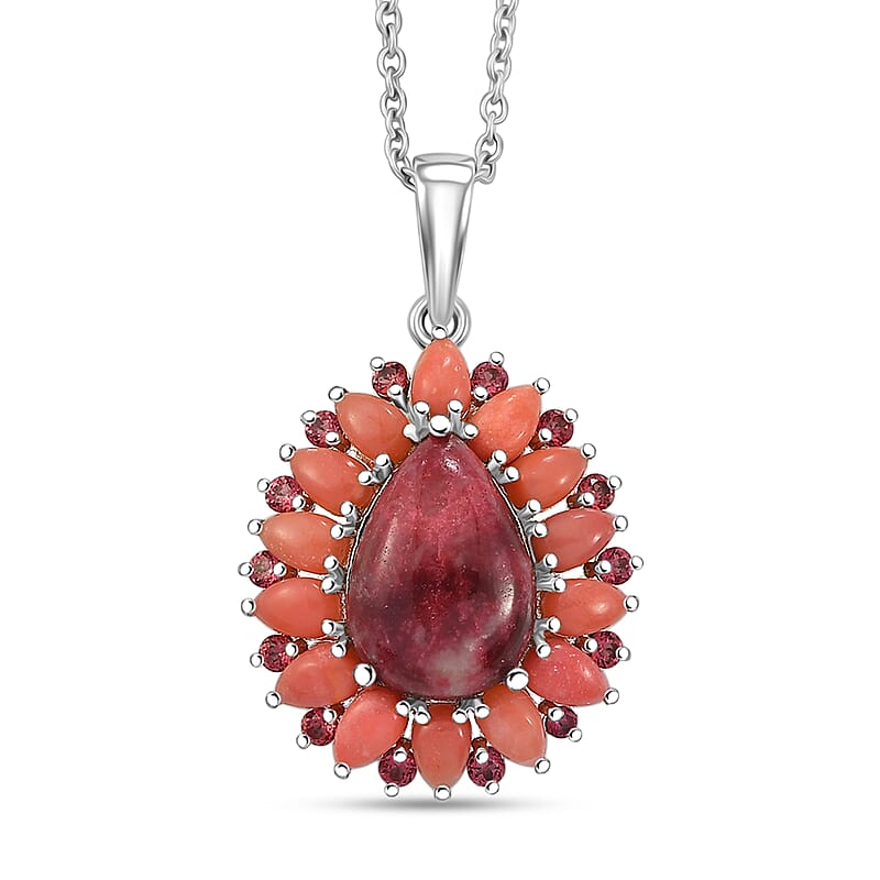 EverTrue Premium Norwegian Thulite and Multi Gemstone 10.10 ctw Blooming Dewdrop Halo Pendant in Platinum Bond with Stainless Steel Necklace 20 Inches
