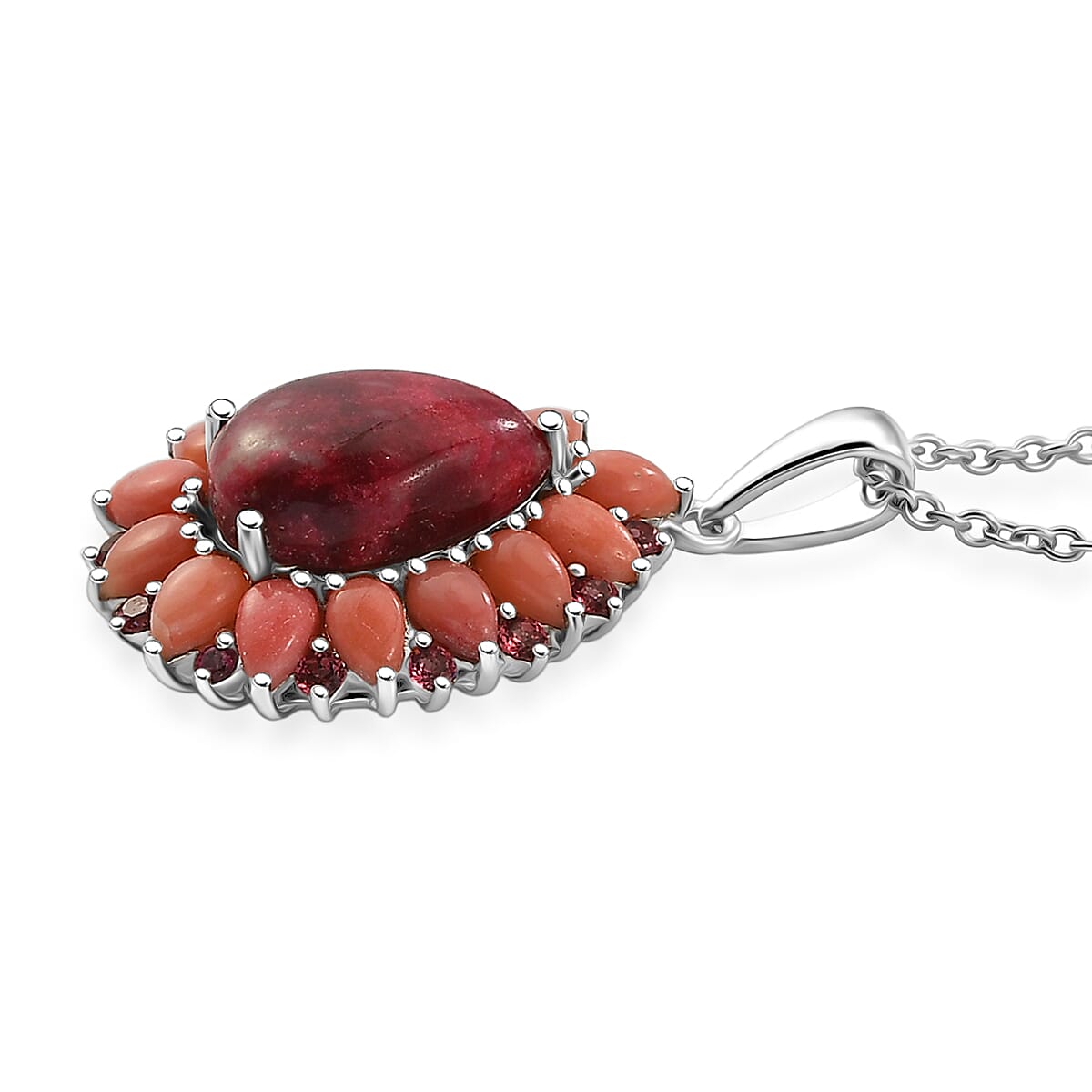 EverTrue Premium Norwegian Thulite and Multi Gemstone 10.10 ctw Blooming Dewdrop Halo Pendant in Platinum Bond with Stainless Steel Necklace 20 Inches
