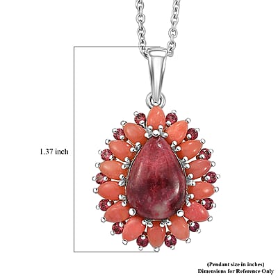 EverTrue Premium Norwegian Thulite and Multi Gemstone 10.10 ctw Blooming Dewdrop Halo Pendant in Platinum Bond with Stainless Steel Necklace 20 Inches