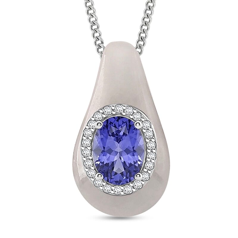 D'Joy Tanzanite, White Jade(D) and Moissanite 6.00 ctw Victorian Era Halo Pendant Necklace in Rhodium Over Sterling Silver 18 Inches