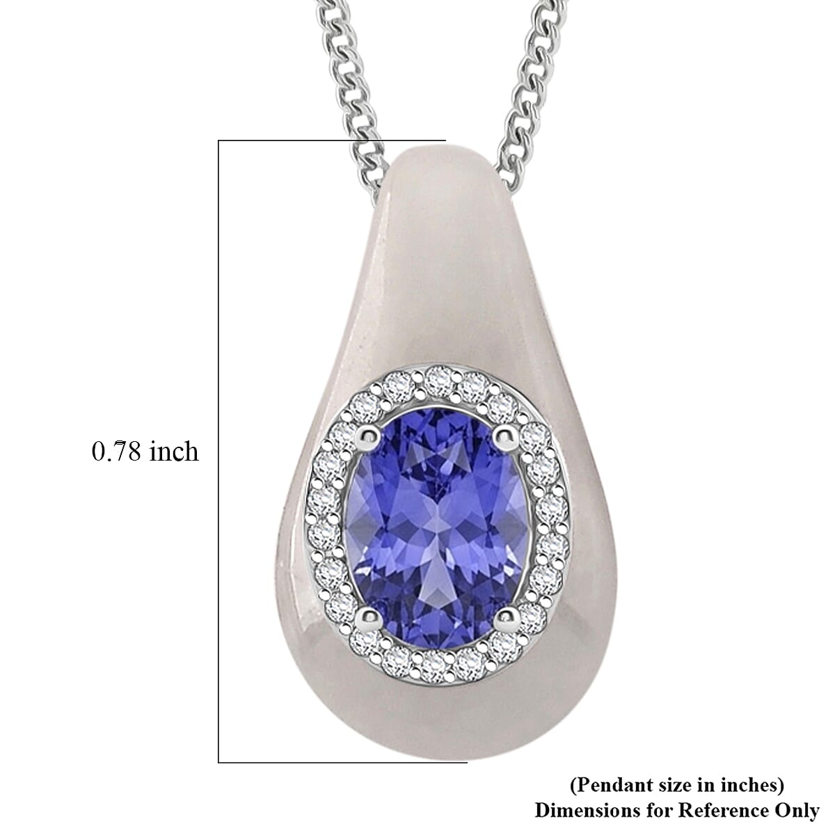 D'Joy Tanzanite, White Jade(D) and Moissanite 6.00 ctw Victorian Era Halo Pendant Necklace in Rhodium Over Sterling Silver 18 Inches