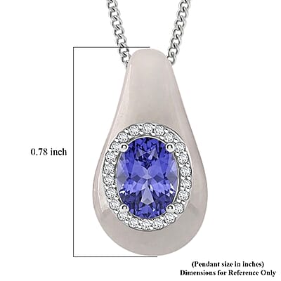 D'Joy Tanzanite, White Jade(D) and Moissanite 6.00 ctw Victorian Era Halo Pendant Necklace in Rhodium Over Sterling Silver 18 Inches