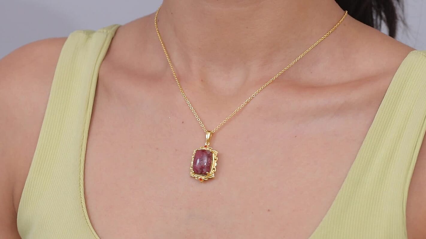 EverTrue Premium Norwegian Thulite and Jalisco Fire Opal 13.90 ctw Victorian Blush Pendant in 18K YG Plated with ION Plated YG Stainless Steel Necklace 20 Inches