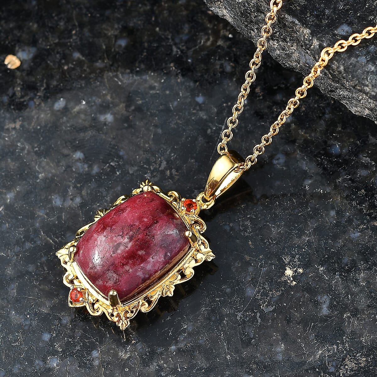 EverTrue Premium Norwegian Thulite and Jalisco Fire Opal 13.90 ctw Victorian Blush Pendant in 18K YG Plated with ION Plated YG Stainless Steel Necklace 20 Inches image number 1