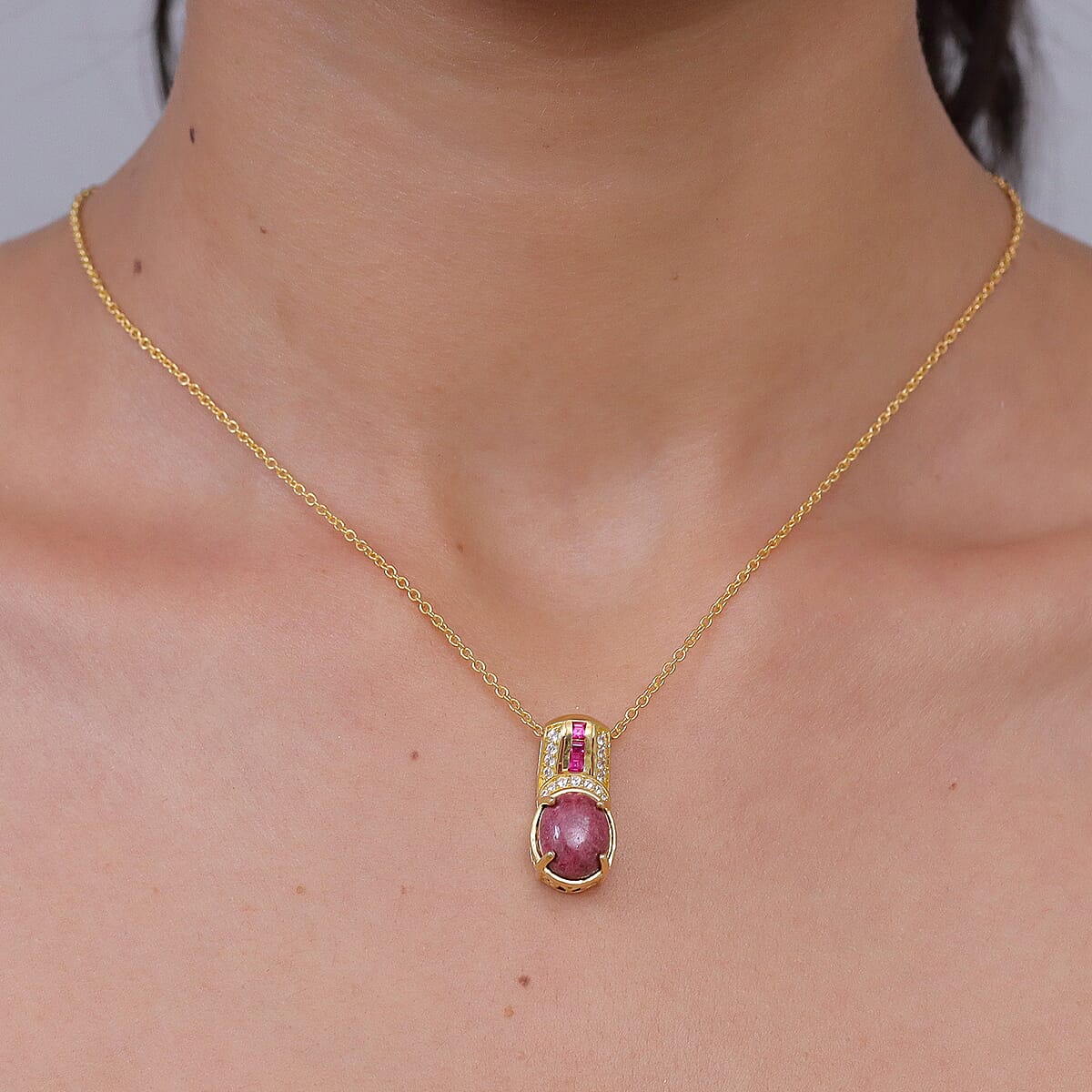 EverTrue Premium Norwegian Thulite and Multi Gemstone 6.90 ctw Blushing Horizon Pendant in 18K YG Plated with ION Plated YG Stainless Steel Necklace 20 Inches image number 2