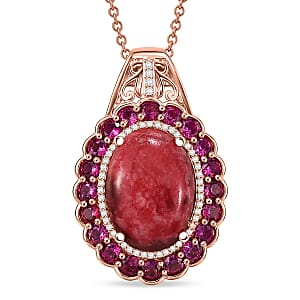 EverTrue Premium Norwegian Thulite and Multi Gemstone 19.40 ctw Velvet Blossom Glow Pendant in 18K RG Plated with ION Plated RG Stainless Steel Necklace 20 Inches