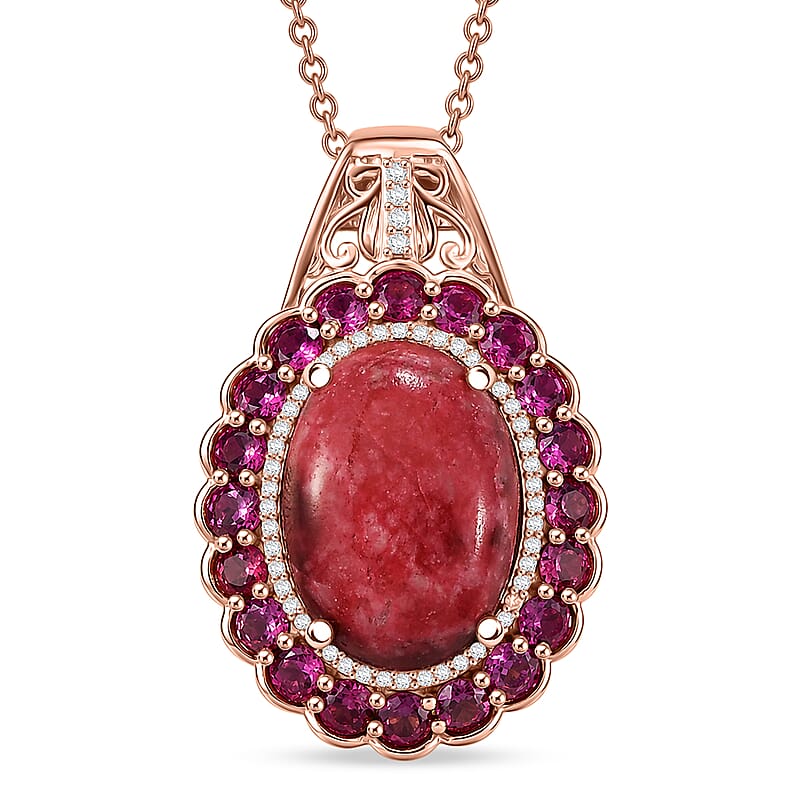 EverTrue Premium Norwegian Thulite and Multi Gemstone 19.40 ctw Velvet Blossom Glow Pendant in 18K RG Plated with ION Plated RG Stainless Steel Necklace 20 Inches