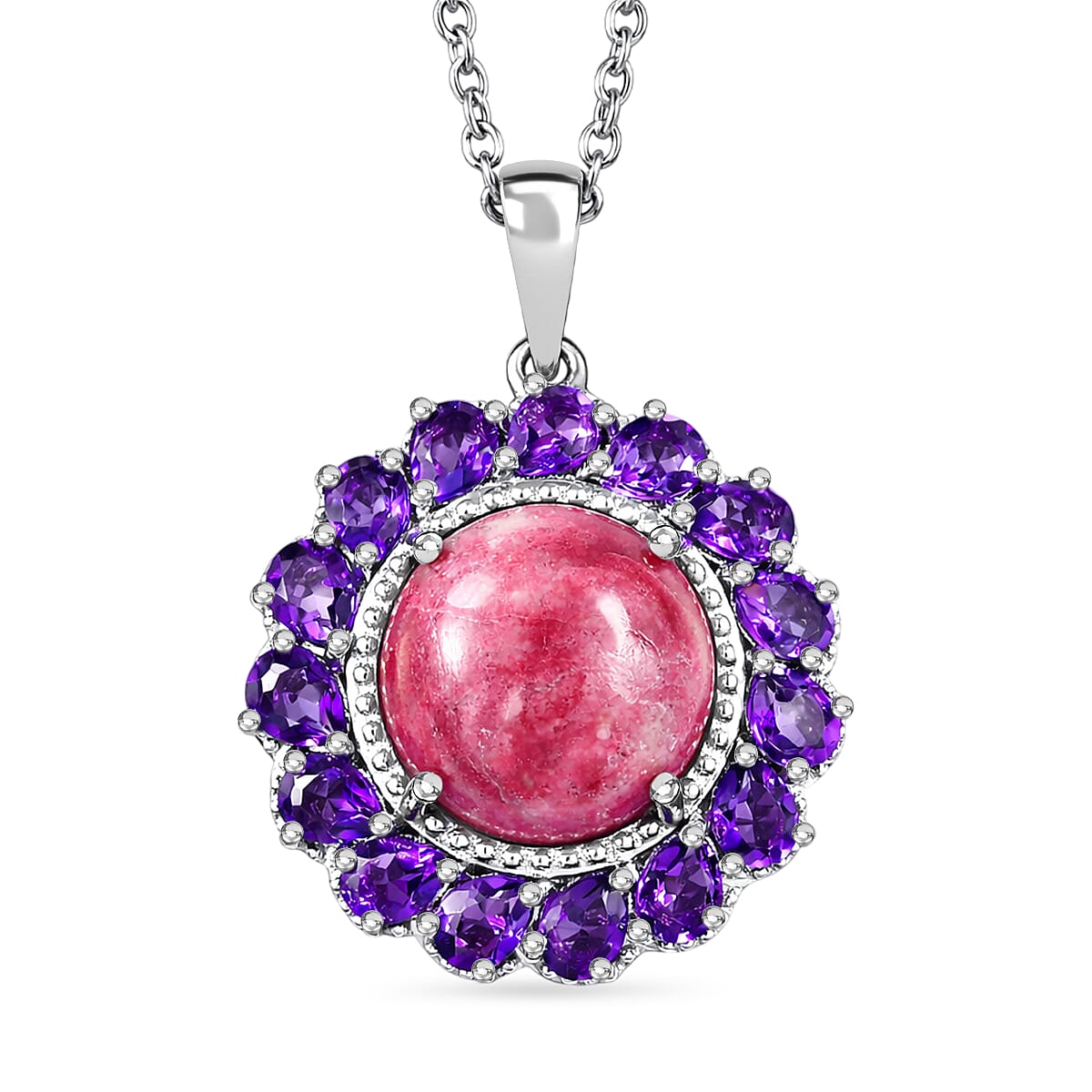 EverTrue Premium Norwegian Thulite and African Amethyst 10.60 ctw Blooming Petal Crown Pendant in Platinum Bond with Stainless Steel Necklace 20 Inches