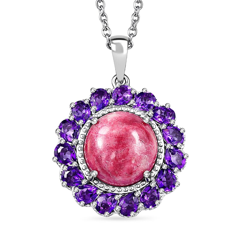 EverTrue Premium Norwegian Thulite and African Amethyst 10.60 ctw Blooming Petal Crown Pendant in Platinum Bond with Stainless Steel Necklace 20 Inches