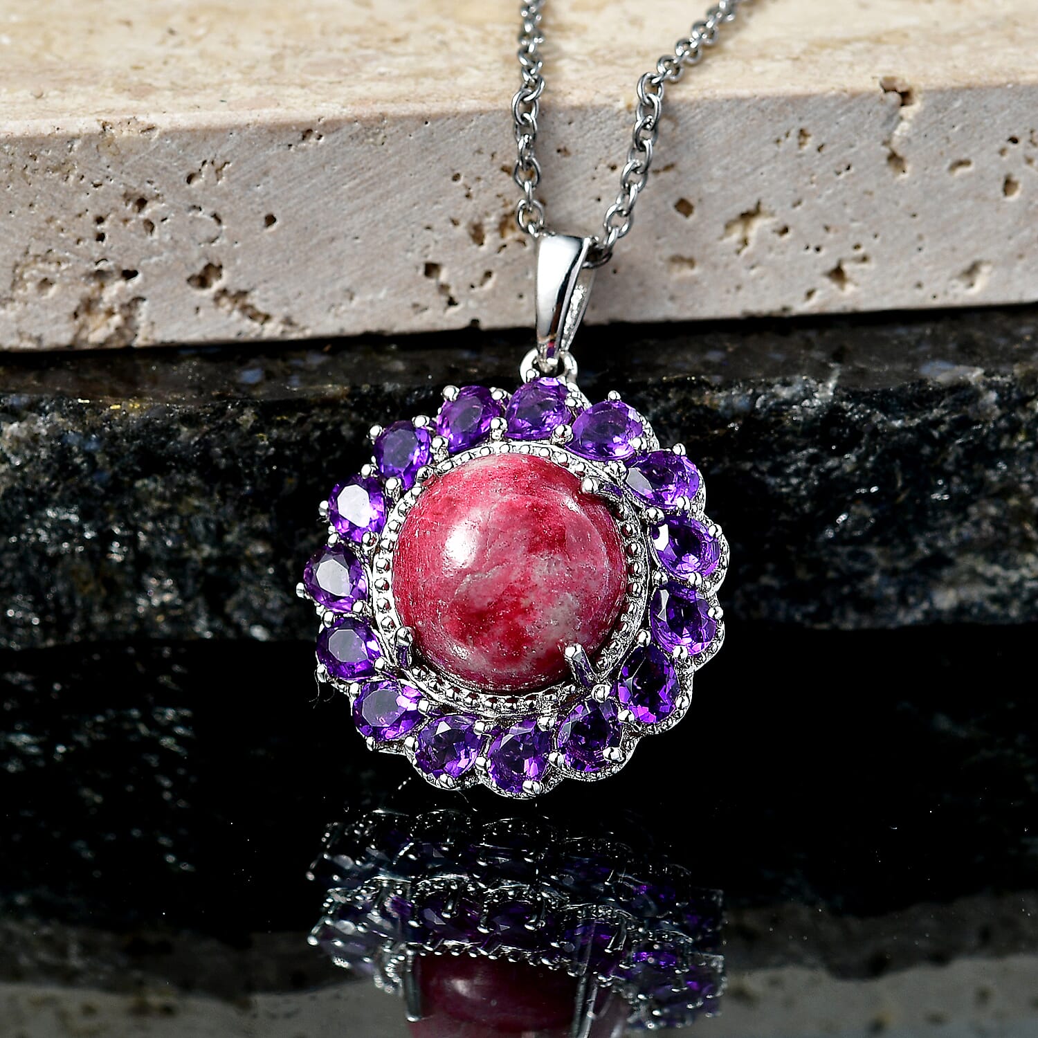 EverTrue Premium Norwegian Thulite and African Amethyst 10.60 ctw Blooming Petal Crown Pendant in Platinum Bond with Stainless Steel Necklace 20 Inches
