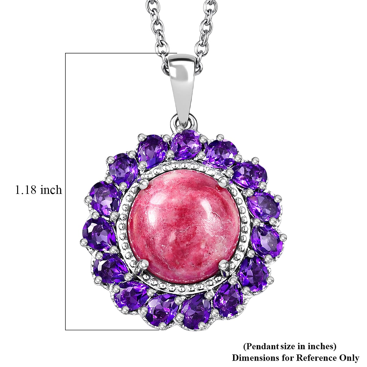 EverTrue Premium Norwegian Thulite and African Amethyst 10.60 ctw Blooming Petal Crown Pendant in Platinum Bond with Stainless Steel Necklace 20 Inches