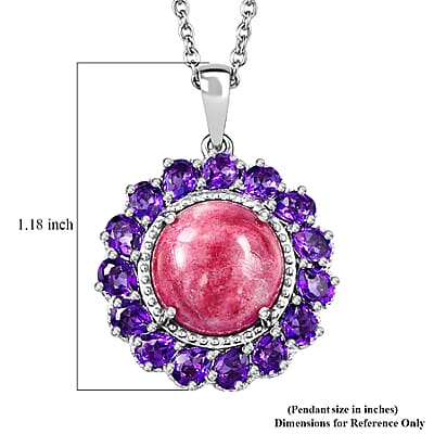 EverTrue Premium Norwegian Thulite and African Amethyst 10.60 ctw Blooming Petal Crown Pendant in Platinum Bond with Stainless Steel Necklace 20 Inches