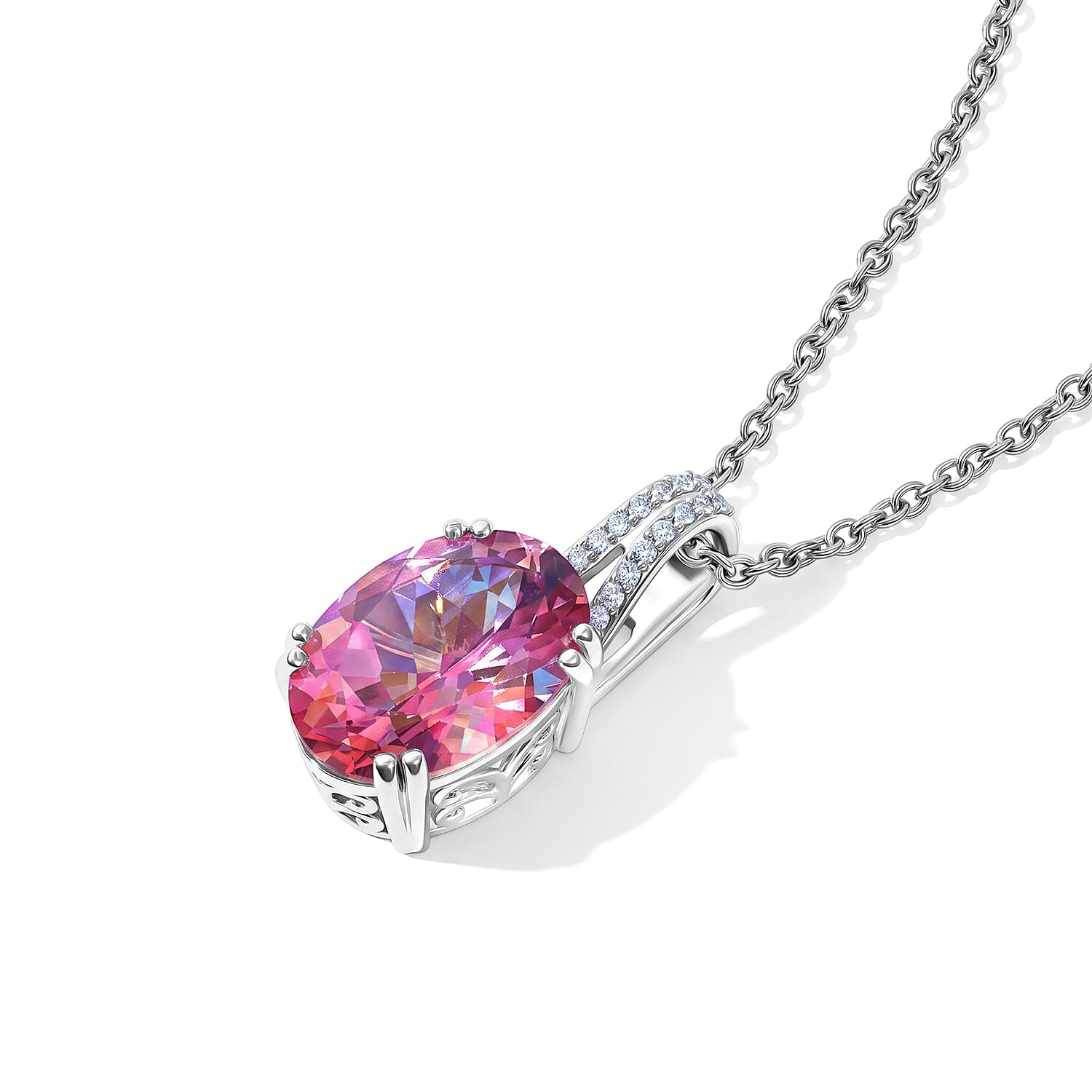 EverTrue Charisma Pink Mystic Topaz and White Zircon 7.25 ctw Pendant in Platinum Bond with Stainless Steel Necklace 20 Inches