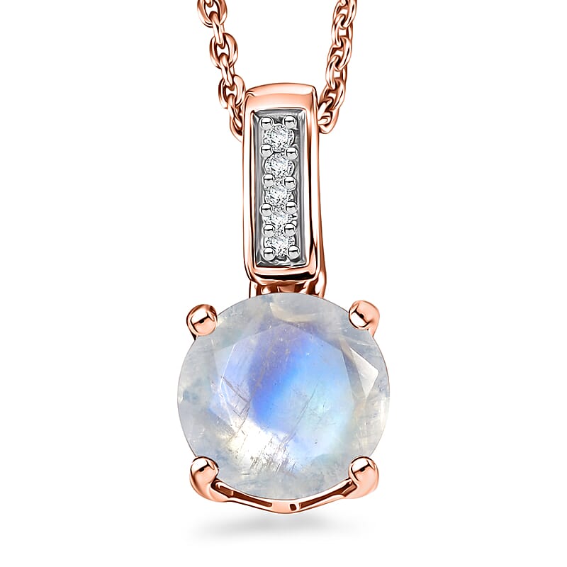 D'Joy Rainbow Moonstone and White Zircon 1.40 ctw Pendant Necklace in 18K Vermeil Rose Gold Over Sterling Silver 20 Inches