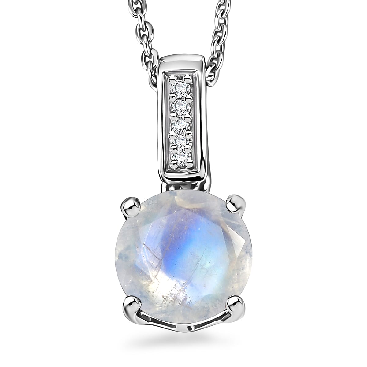 D'Joy Rainbow Moonstone and White Zircon 1.40 ctw Pendant Necklace in Rhodium Over Sterling Silver 20 Inches