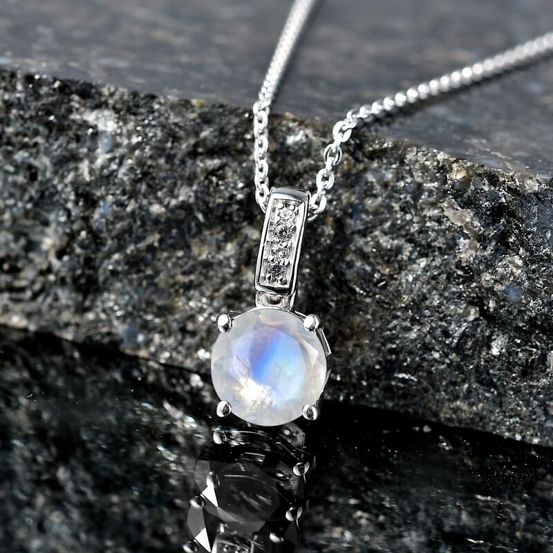 D'Joy Rainbow Moonstone and White Zircon 1.40 ctw Pendant Necklace in Rhodium Over Sterling Silver 20 Inches