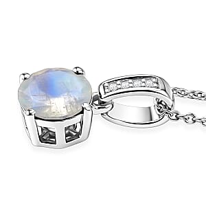 D'Joy Rainbow Moonstone and White Zircon 1.40 ctw Pendant Necklace in Rhodium Over Sterling Silver 20 Inches