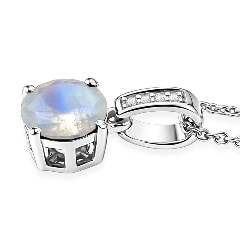 D'Joy Rainbow Moonstone and White Zircon 1.40 ctw Pendant Necklace in Rhodium Over Sterling Silver 20 Inches
