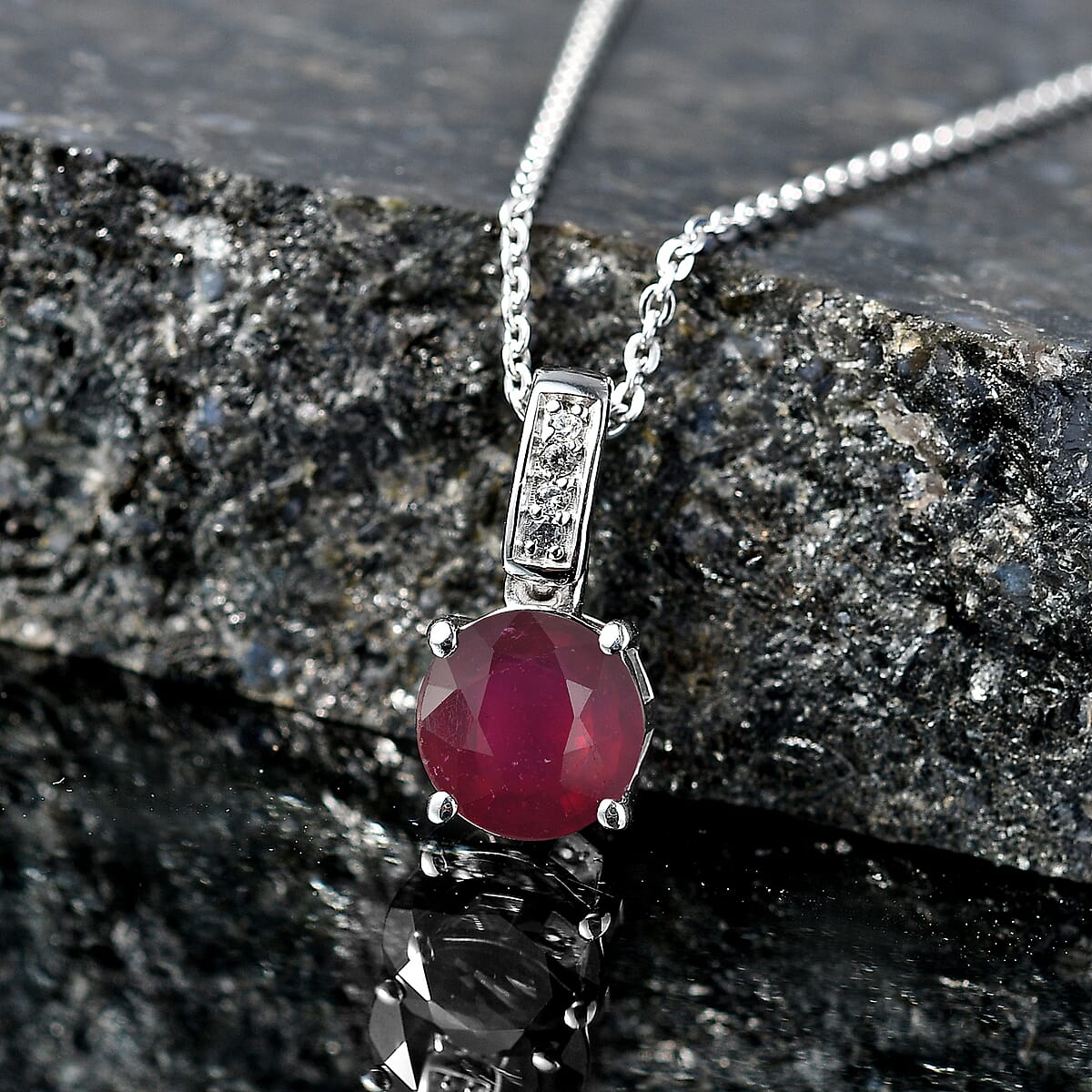 D'Joy Niassa Ruby (FF) and White Zircon 2.20 ctw Pendant Necklace in Rhodium Over Sterling Silver 20 Inches image number 1