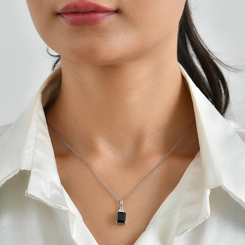 EverTrue Thai Black Spinel and White Zircon 3.10 ctw Pendant in Platinum Bond with Stainless Steel Necklace (20 Inches)