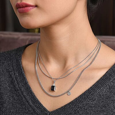 EverTrue Thai Black Spinel and White Zircon 3.10 ctw Pendant in Platinum Bond with Stainless Steel Necklace (20 Inches)