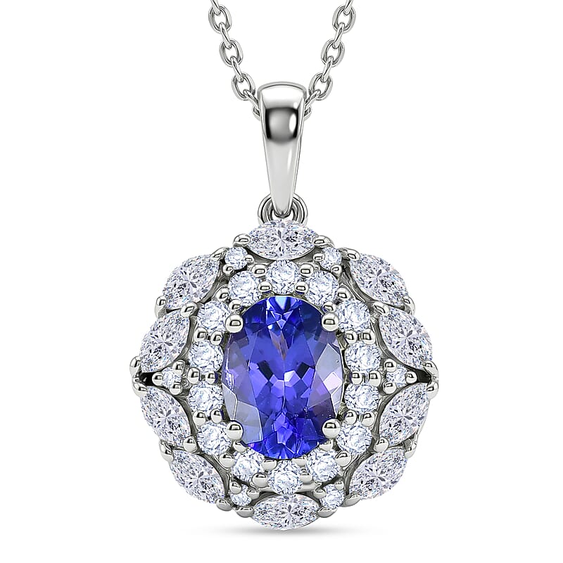 Certified & Appraised D'Joy Premium Tanzanite and Moissanite 2.40 ctw Pendant Necklace in Rhodium Over Sterling Silver 20 Inches