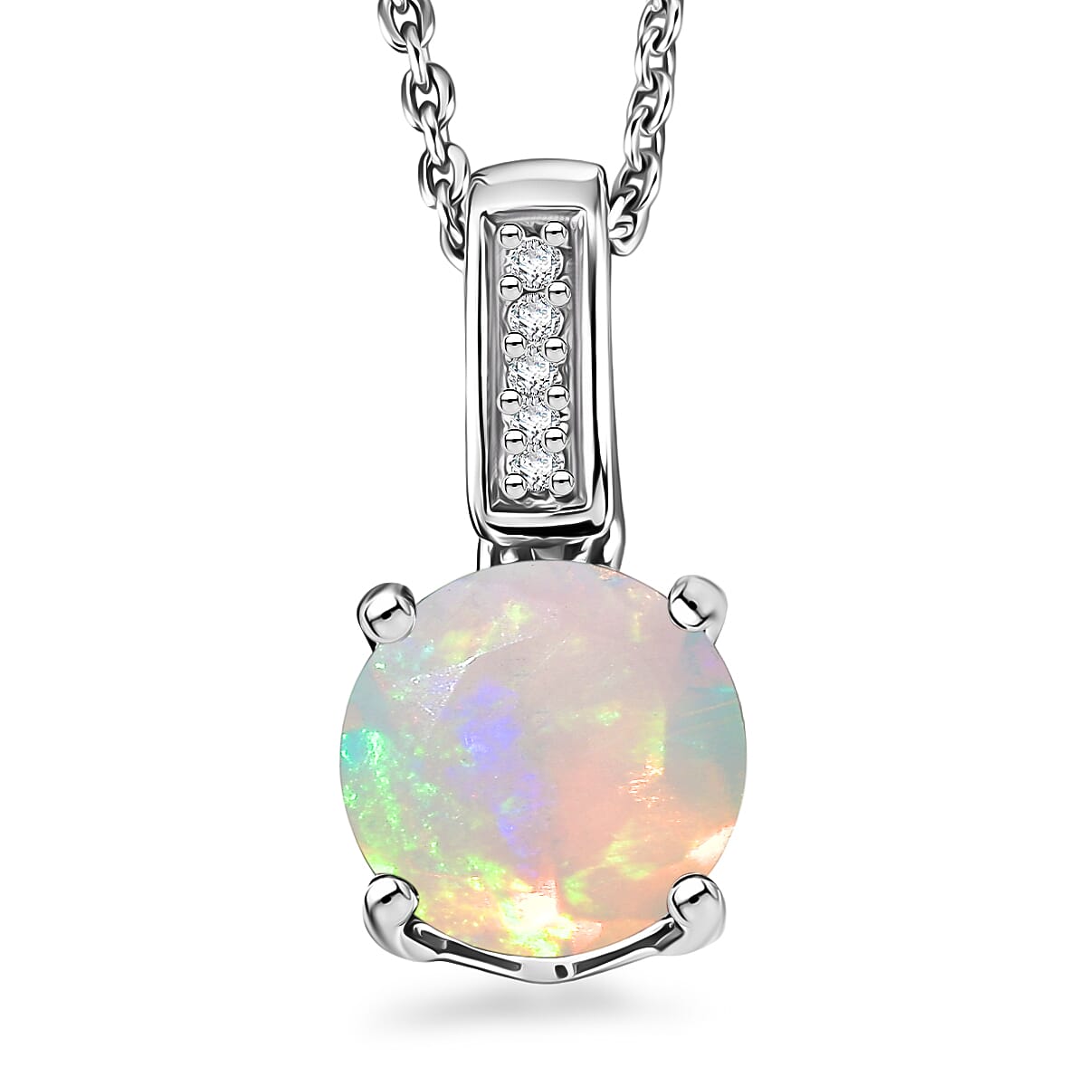 D'Joy Ethiopian Welo Opal and White Zircon 1.00 ctw Pendant Necklace in Rhodium Over Sterling Silver 20 Inches