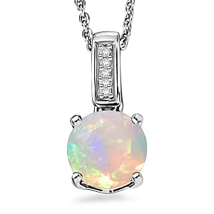 D'Joy Ethiopian Welo Opal and White Zircon 1.00 ctw Pendant Necklace in Rhodium Over Sterling Silver 20 Inches