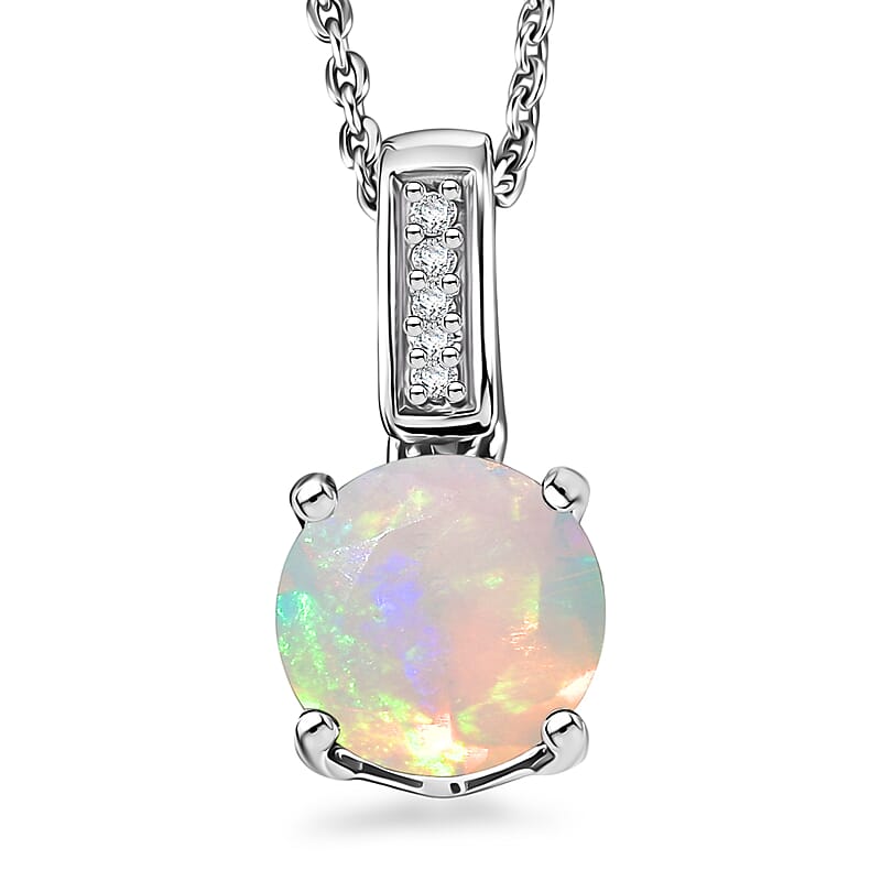 D'Joy Ethiopian Welo Opal and White Zircon 1.00 ctw Pendant Necklace in Rhodium Over Sterling Silver 20 Inches