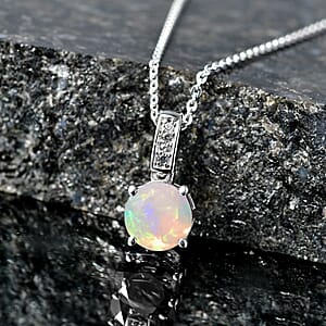 D'Joy Ethiopian Welo Opal and White Zircon 1.00 ctw Pendant Necklace in Rhodium Over Sterling Silver 20 Inches