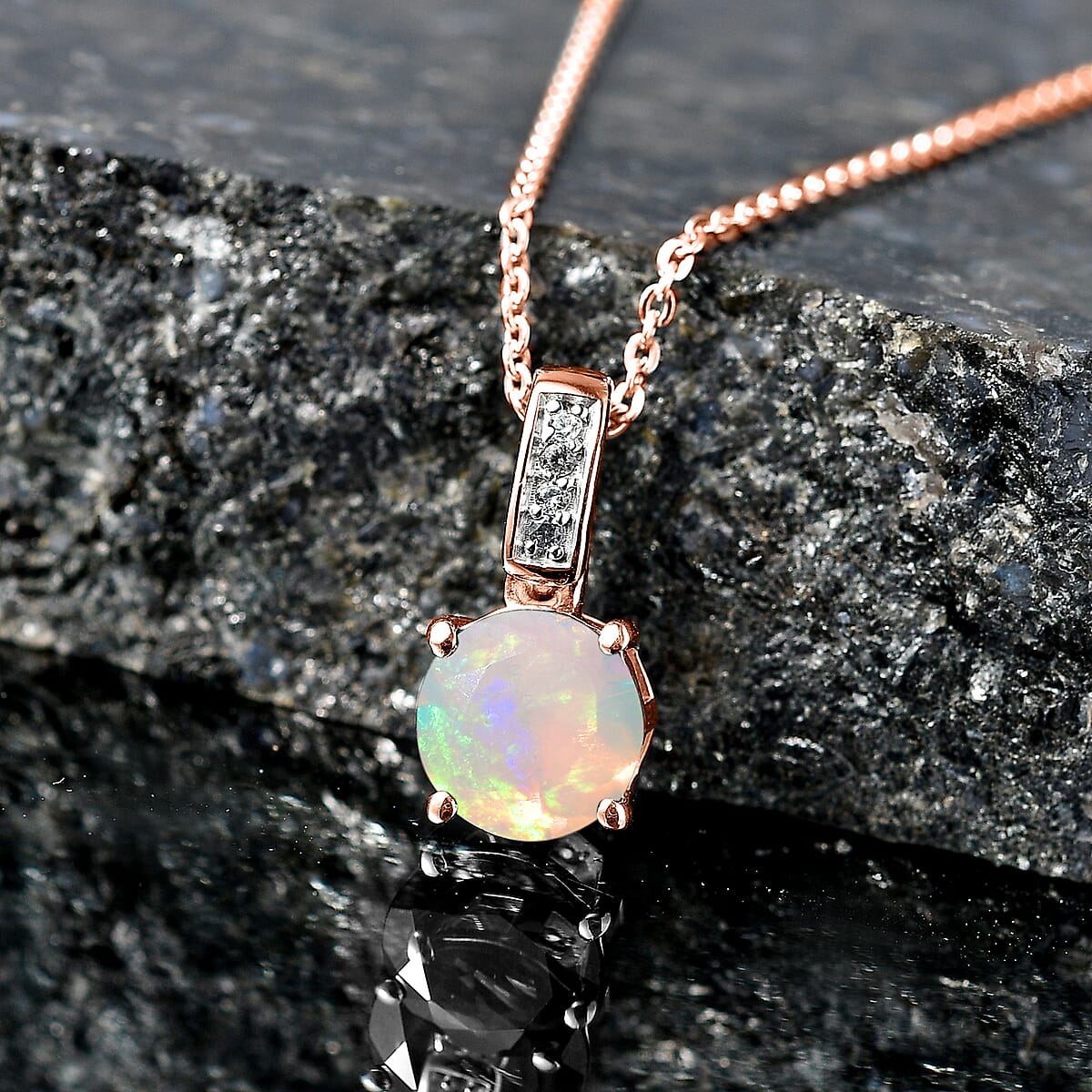 D'Joy Ethiopian Welo Opal and White Zircon 1.00 ctw Pendant Necklace in 18K Vermeil Rose Gold Over Sterling Silver 20 Inches image number 1