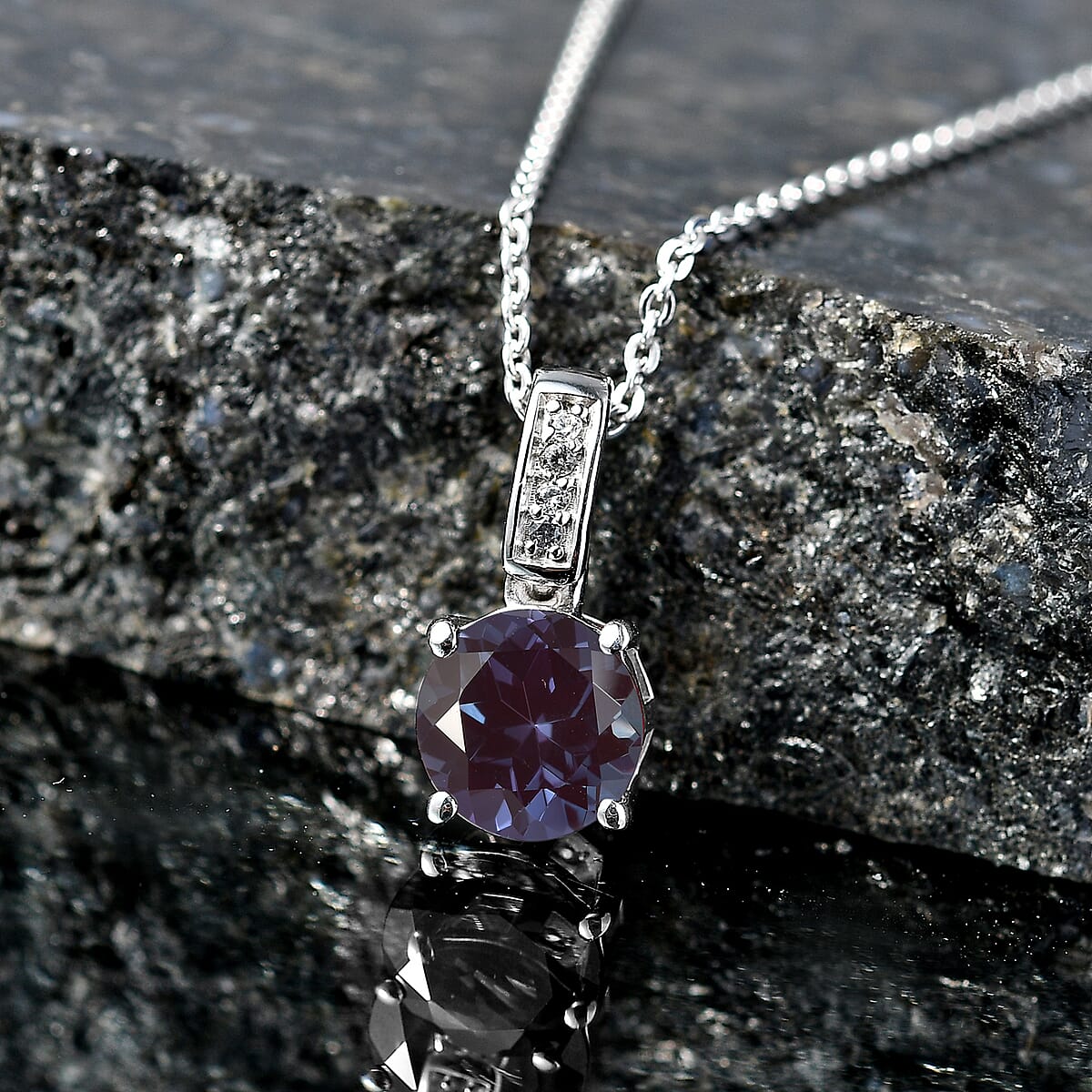 D'Joy Lab Grown Alexandrite and White Zircon 2.20 ctw Pendant Necklace in Rhodium Over Sterling Silver 20 Inches image number 1