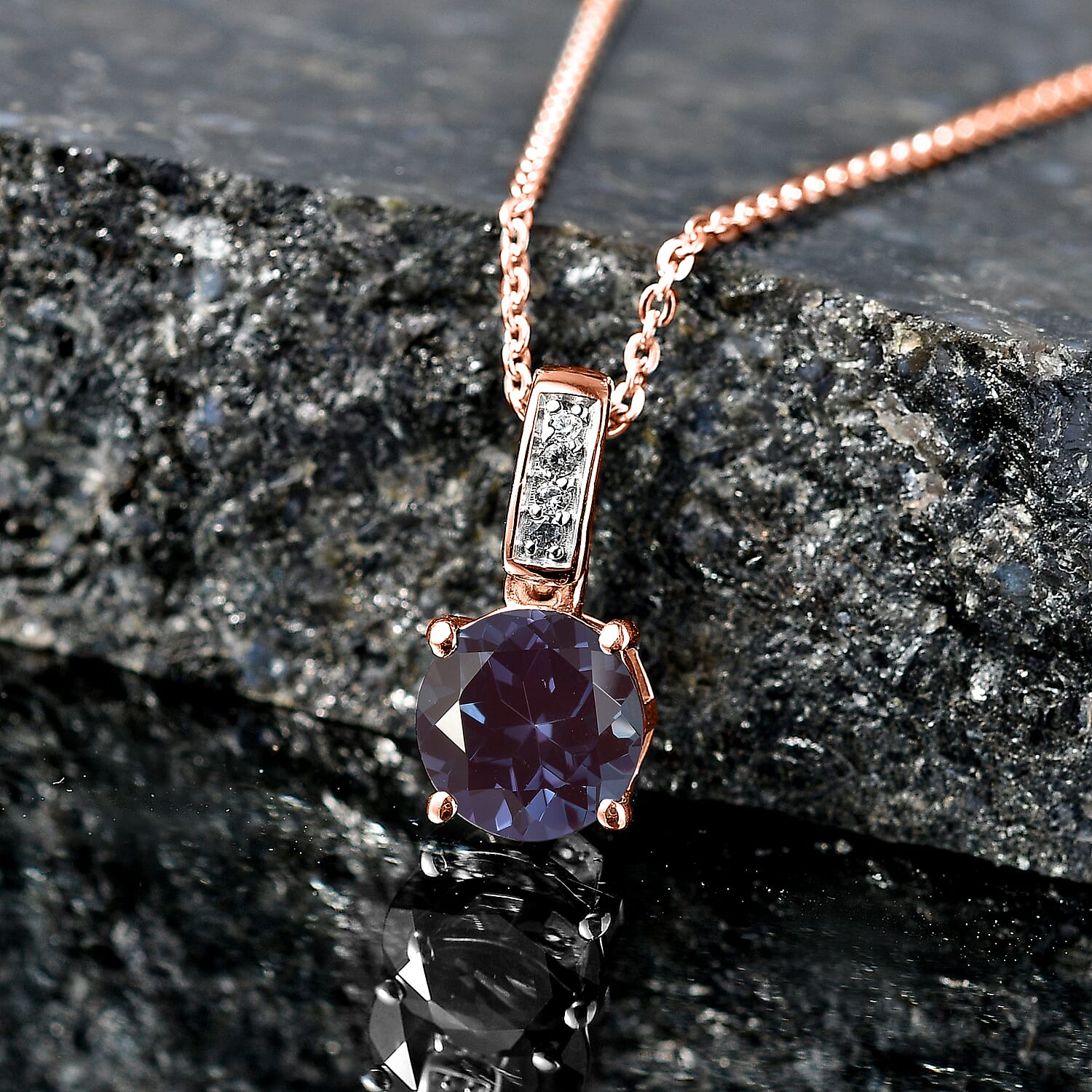 Luxuriant Lab Grown Alexandrite and White Zircon 2.20 ctw Pendant Necklace in 18K Vermeil Rose Gold Over Sterling Silver 20 Inches