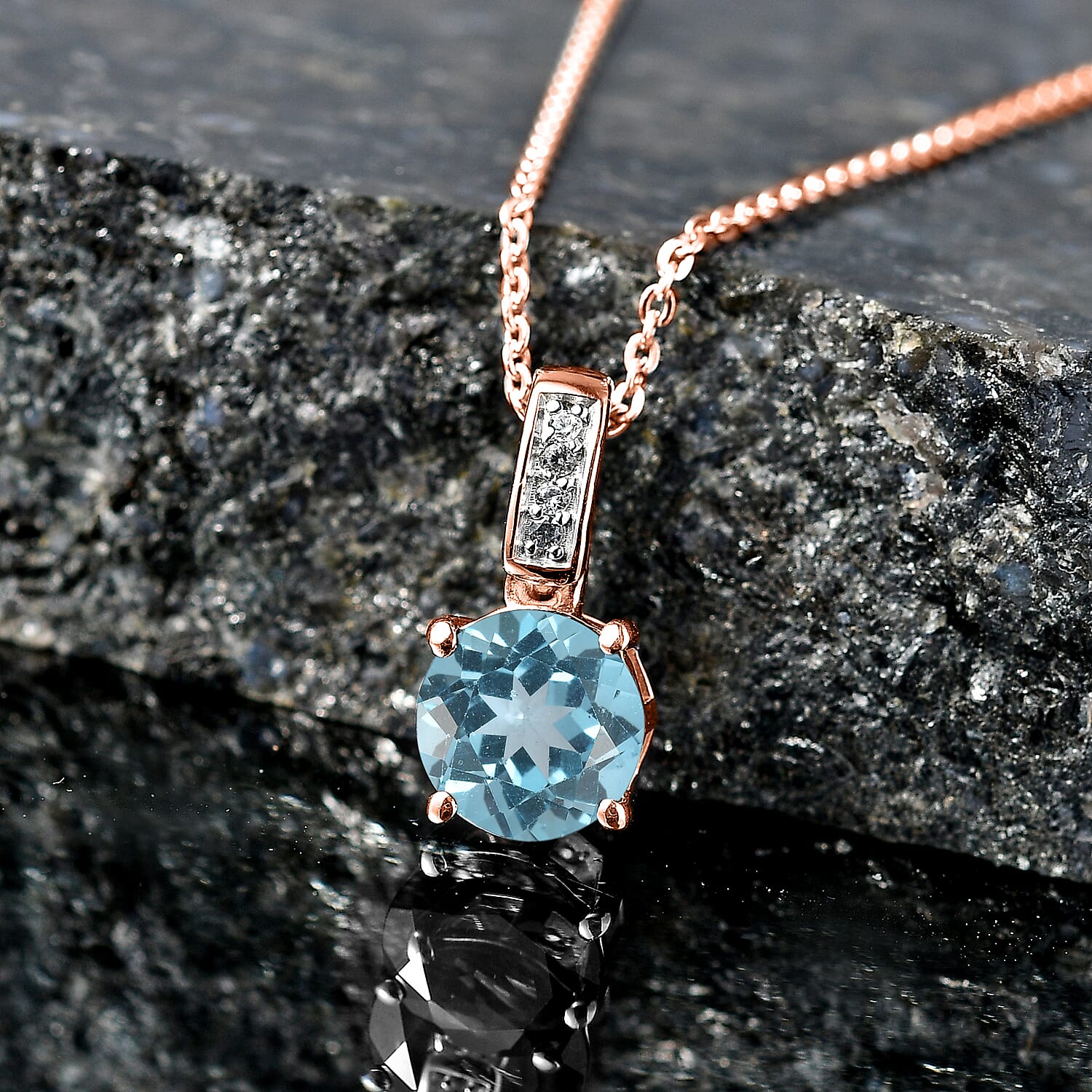 D'Joy Swiss Blue Topaz and White Zircon 1.80 ctw Pendant Neckalce in 18K Vermeil Rose Gold Over Sterling Silver 20 Inches