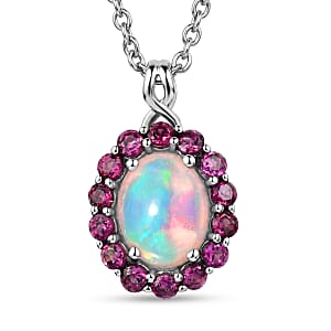 D'Joy Premium Ethiopian Welo Opal and Radiant Ember Garnet 1.90 ctw Infinity Halo Pendant in Rhodium Over Sterling Silver with Stainless Steel Necklace 20 Inches (Ships. in 8-10 Days)