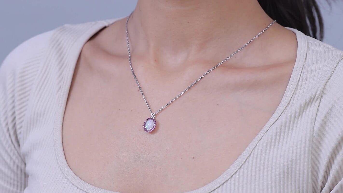 D'Joy Premium Ethiopian Welo Opal, Radiant Ember Garnet Pendant in Rhodium Over Sterling Silver with Stainless Steel Necklace (20 Inches) 1.90 ctw