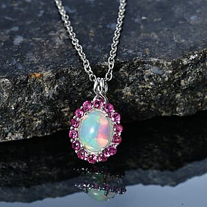 D'Joy Premium Ethiopian Welo Opal and Radiant Ember Garnet 1.90 ctw Infinity Halo Pendant in Rhodium Over Sterling Silver with Stainless Steel Necklace 20 Inches (Ships. in 8-10 Days)