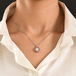 D'Joy Premium Ethiopian Welo Opal and Radiant Ember Garnet 1.90 ctw Infinity Halo Pendant in Rhodium Over Sterling Silver with Stainless Steel Necklace 20 Inches (Ships. in 8-10 Days)