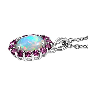 D'Joy Premium Ethiopian Welo Opal and Radiant Ember Garnet 1.90 ctw Infinity Halo Pendant in Rhodium Over Sterling Silver with Stainless Steel Necklace 20 Inches (Ships. in 8-10 Days)