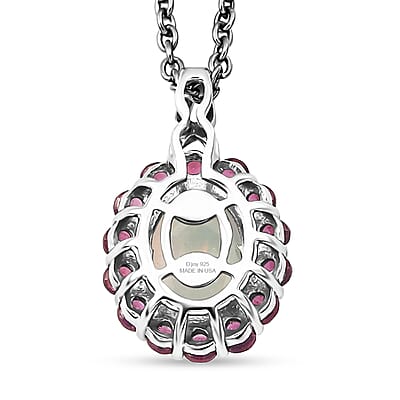 D'Joy Premium Ethiopian Welo Opal and Radiant Ember Garnet 1.90 ctw Infinity Halo Pendant in Rhodium Over Sterling Silver with Stainless Steel Necklace 20 Inches